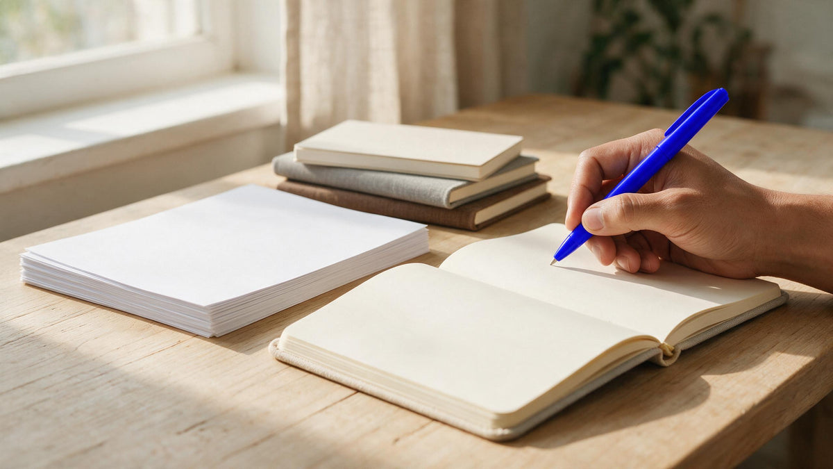 Close-up menulis di buku catatan dengan pulpen biru