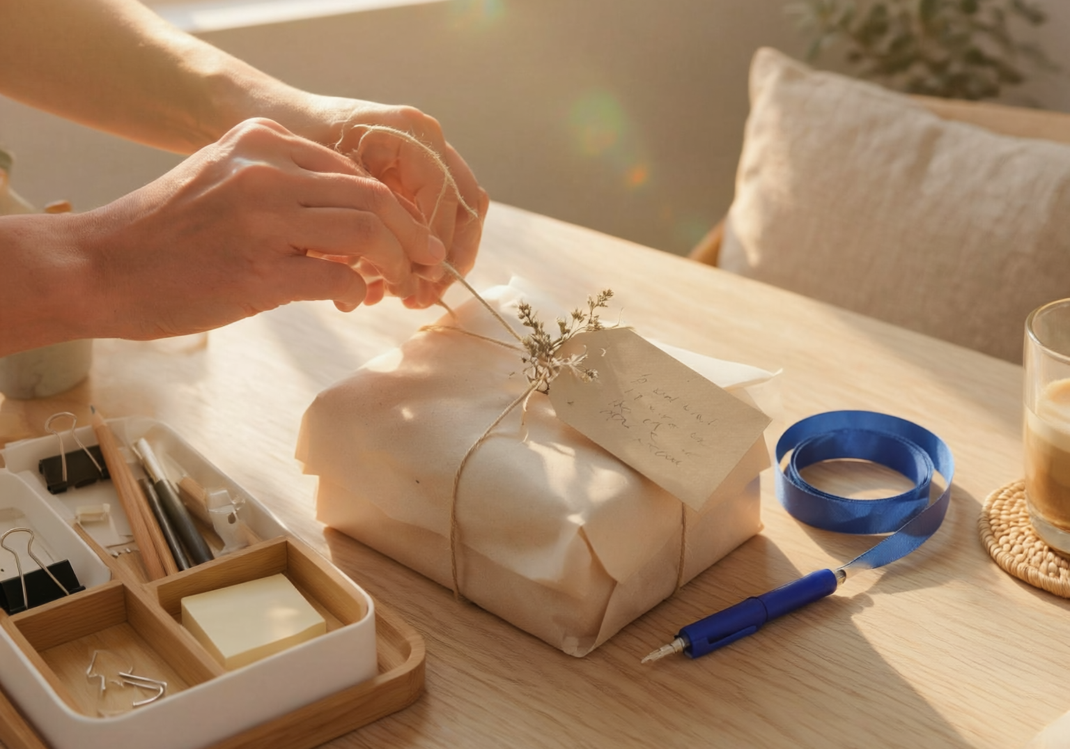 Hands wrapping a gift on a sunlit wood table with cobalt-blue ribbon and pen.