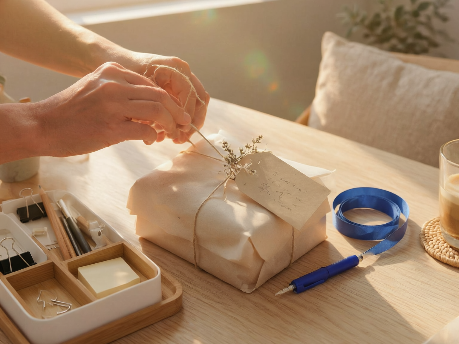 Hands wrapping a gift on a sunlit wood table with cobalt-blue ribbon and pen.