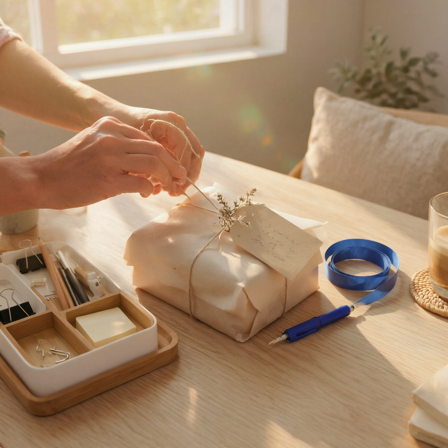 Hands wrapping a gift on a sunlit wood table with cobalt-blue ribbon and pen.