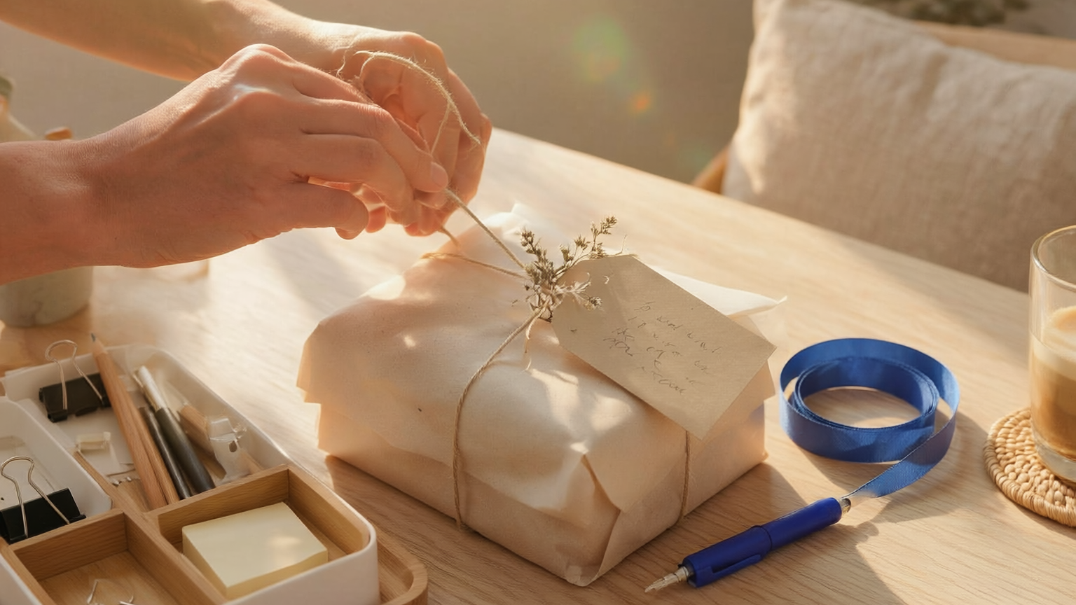 Hands wrapping a gift on a sunlit wood table with cobalt-blue ribbon and pen.