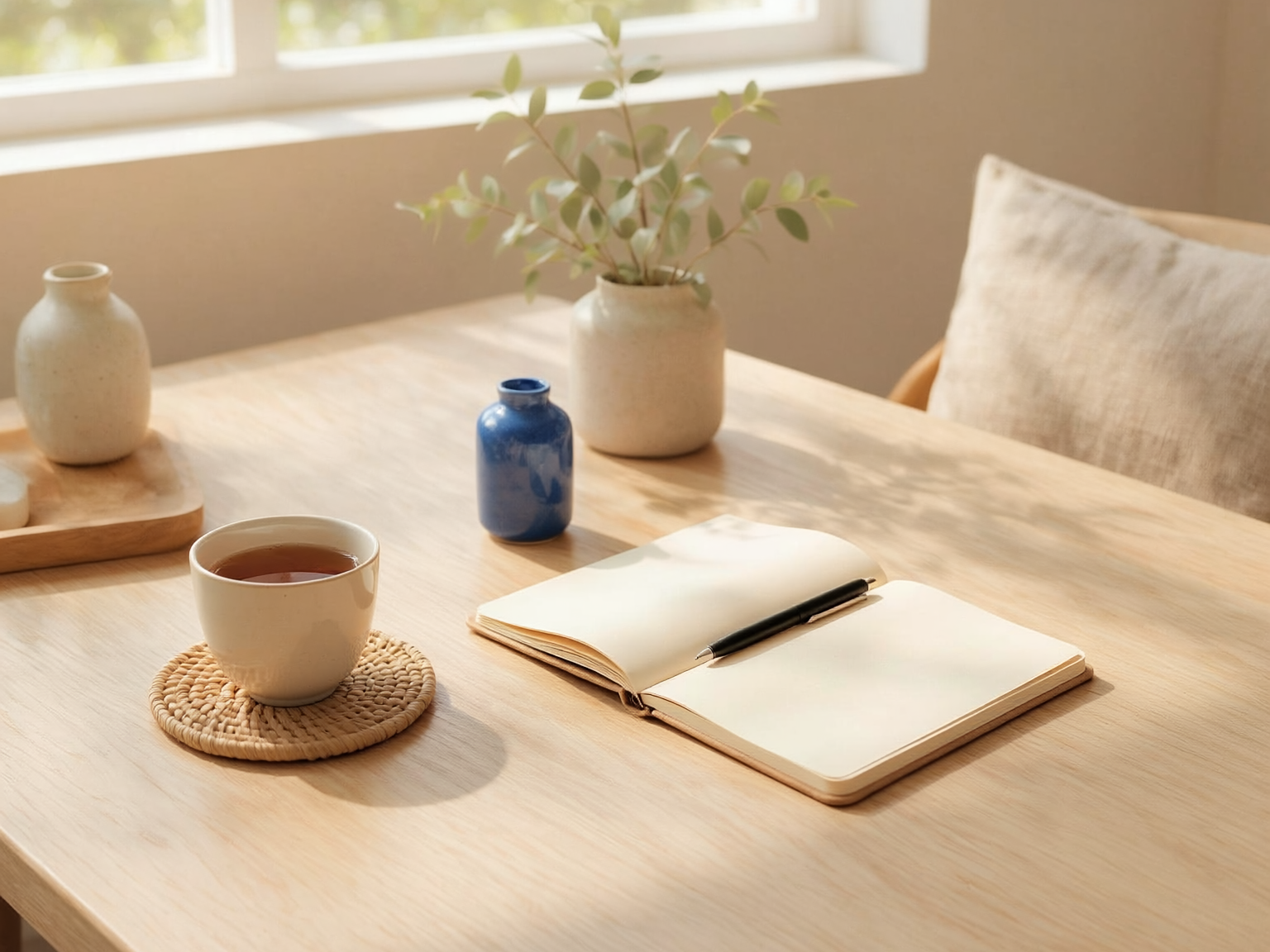 Sunlit morning desk with tea, an open notebook, and a cobalt-blue ceramic vase.