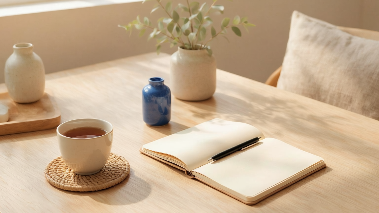 Sunlit morning desk with tea, an open notebook, and a cobalt-blue ceramic vase.
