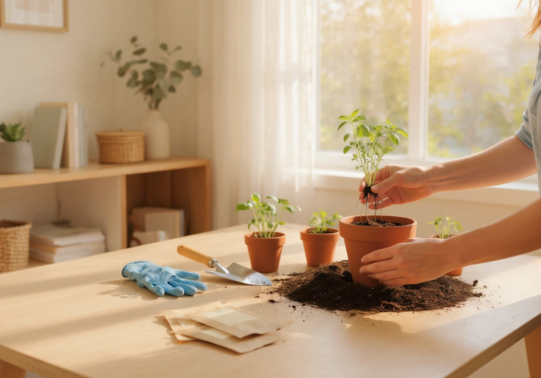 Hands planting herb seedlings in a bright home garden, with a blue gardening glove.