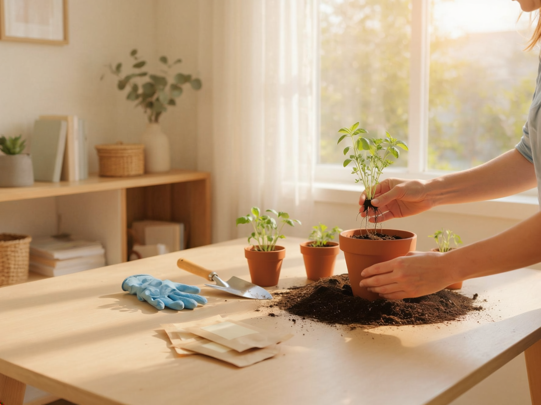 Hands planting herb seedlings in a bright home garden, with a blue gardening glove.