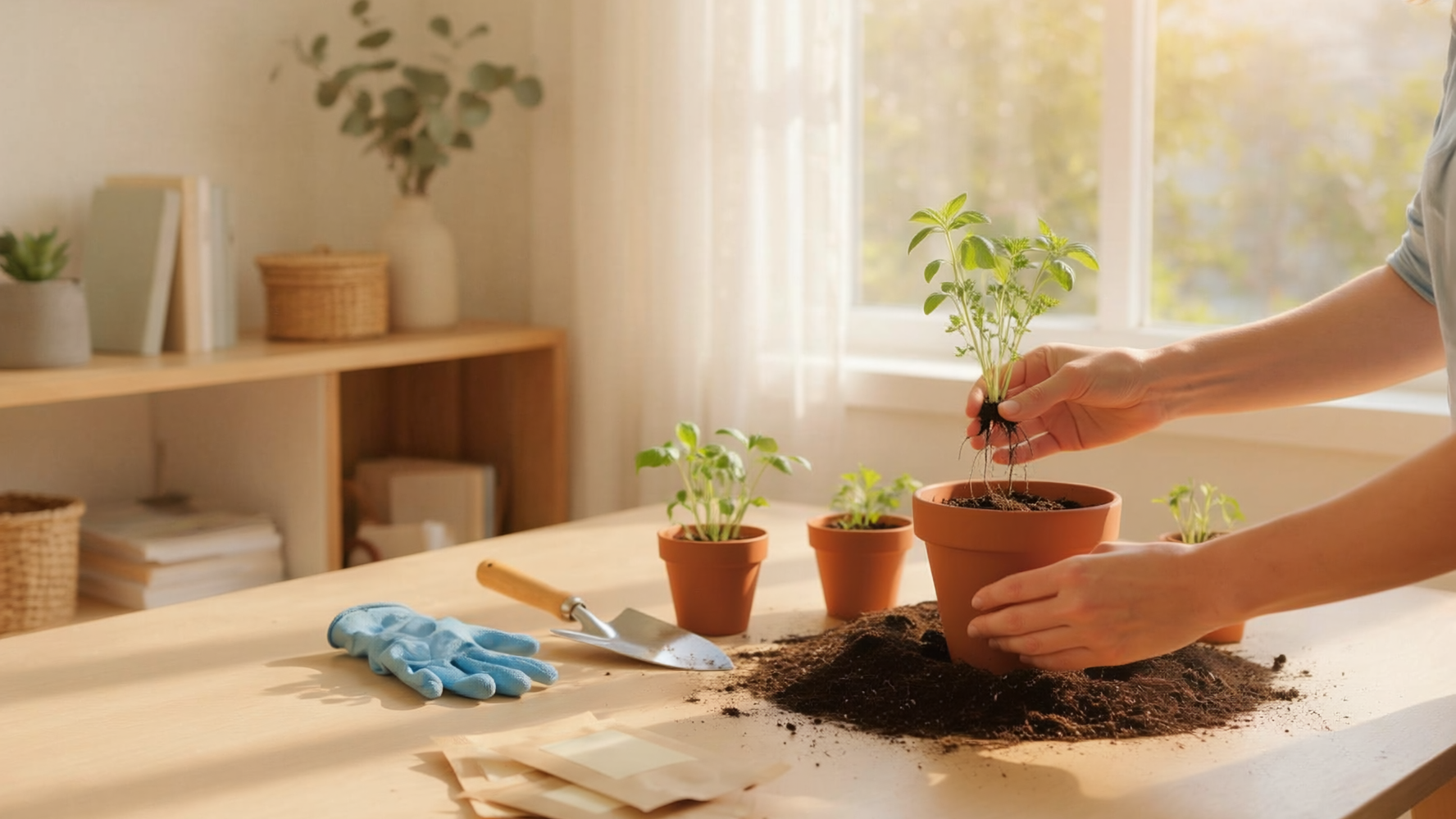 Hands planting herb seedlings in a bright home garden, with a blue gardening glove.