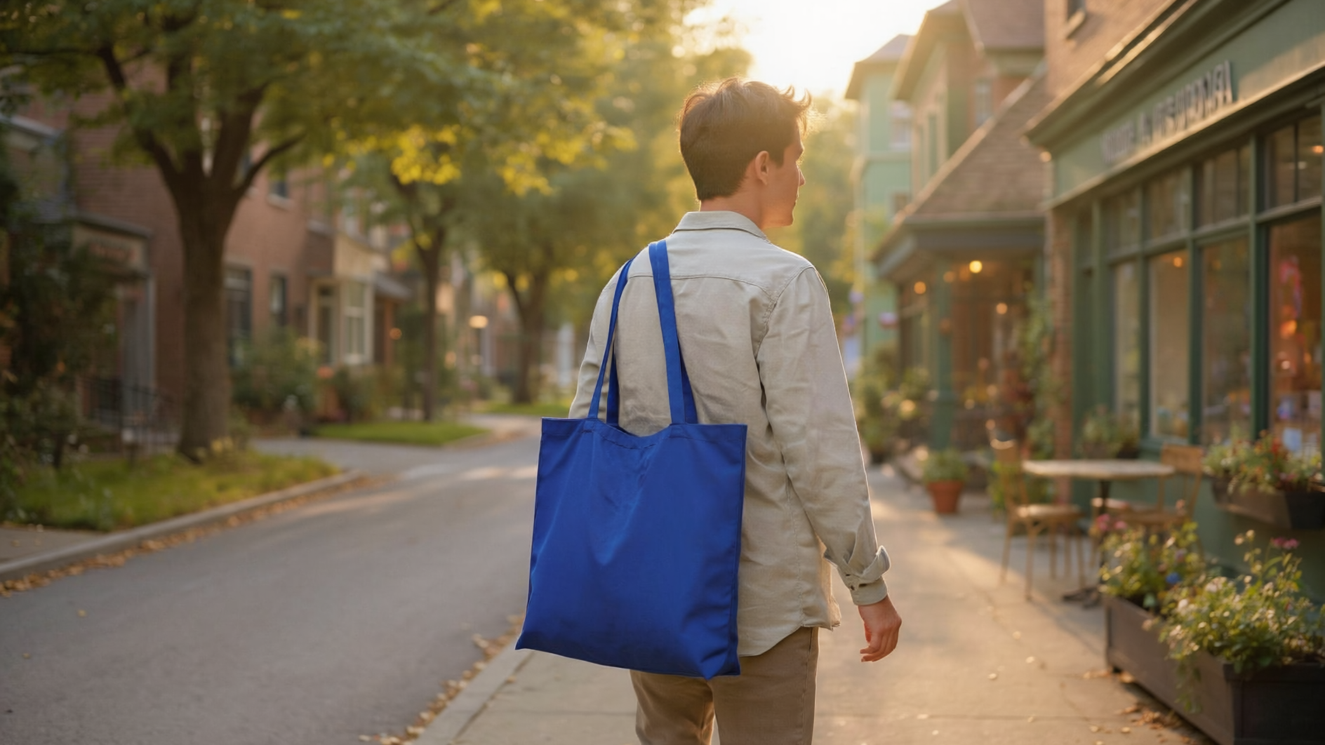 Person walking through a leafy neighborhood carrying a cobalt-blue reusable tote.