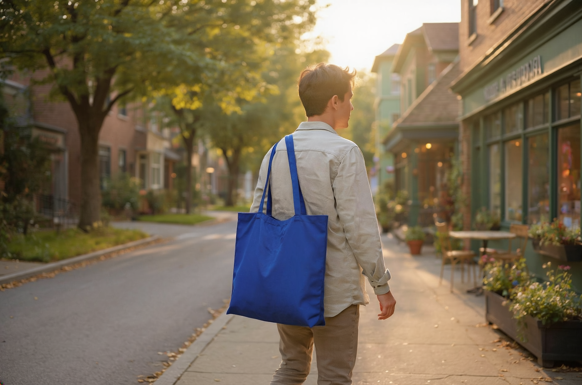 Person walking through a leafy neighborhood carrying a cobalt-blue reusable tote.