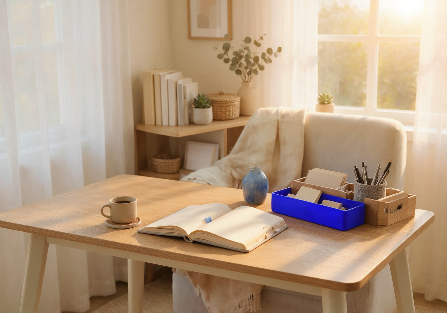 Sunlit reading nook with an open book, tea, and cobalt-blue desk organizer.