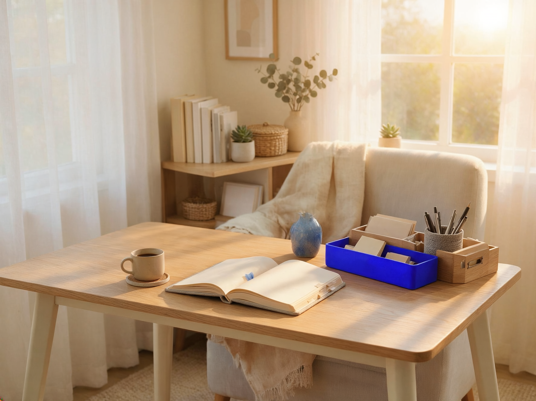 Sunlit reading nook with an open book, tea, and cobalt-blue desk organizer.