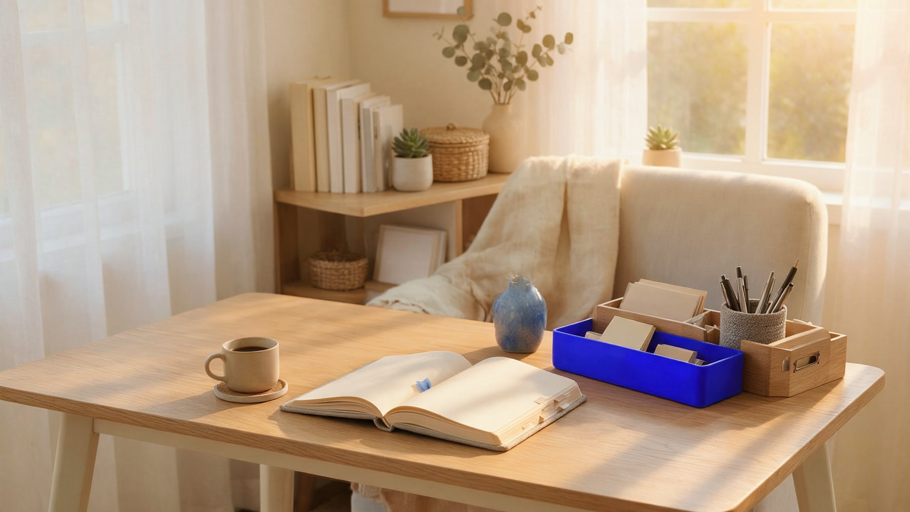 Sunlit reading nook with an open book, tea, and cobalt-blue desk organizer.