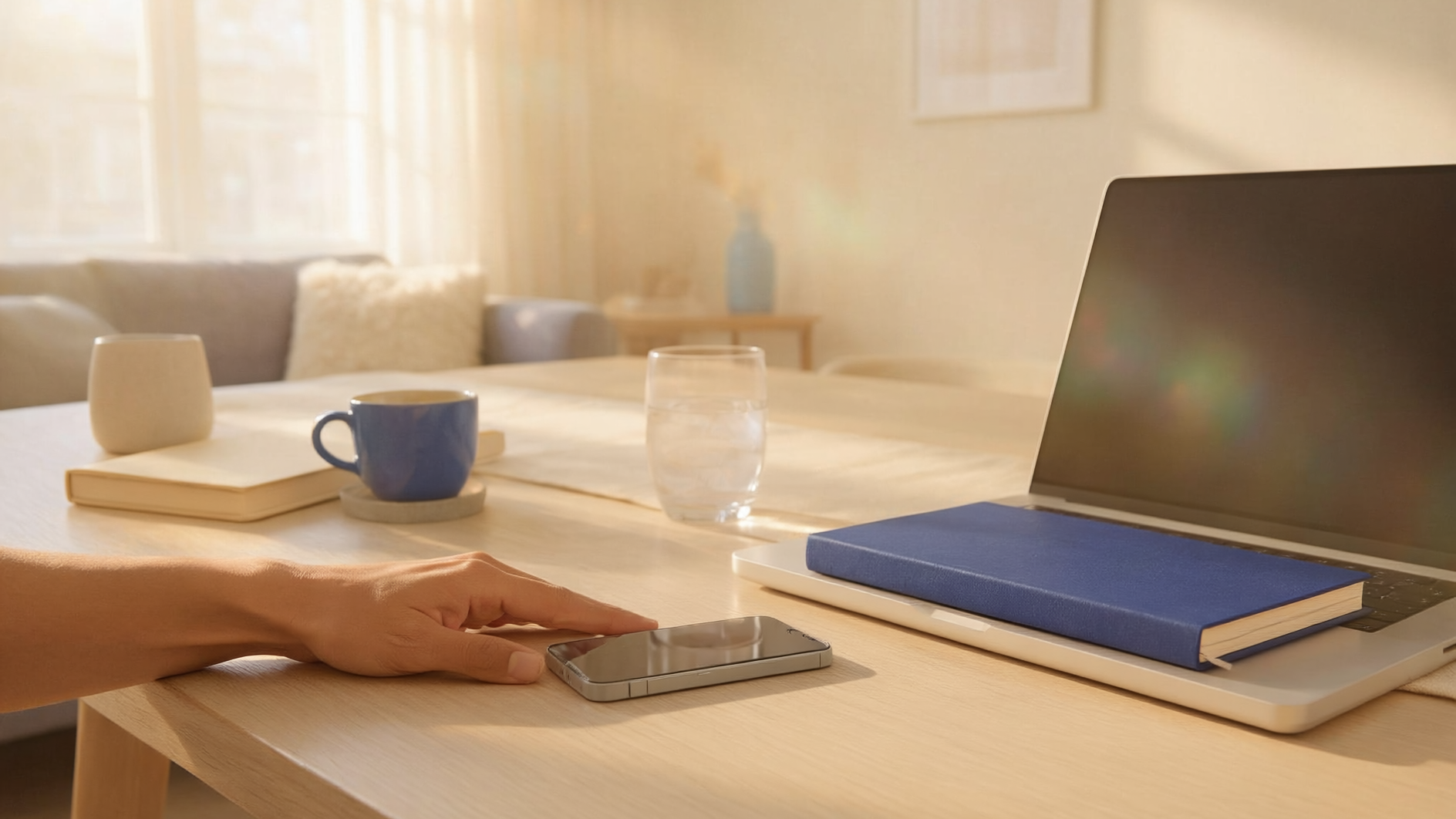 Quiet morning desk with a phone set face-down beside water and a cobalt-blue notebook.