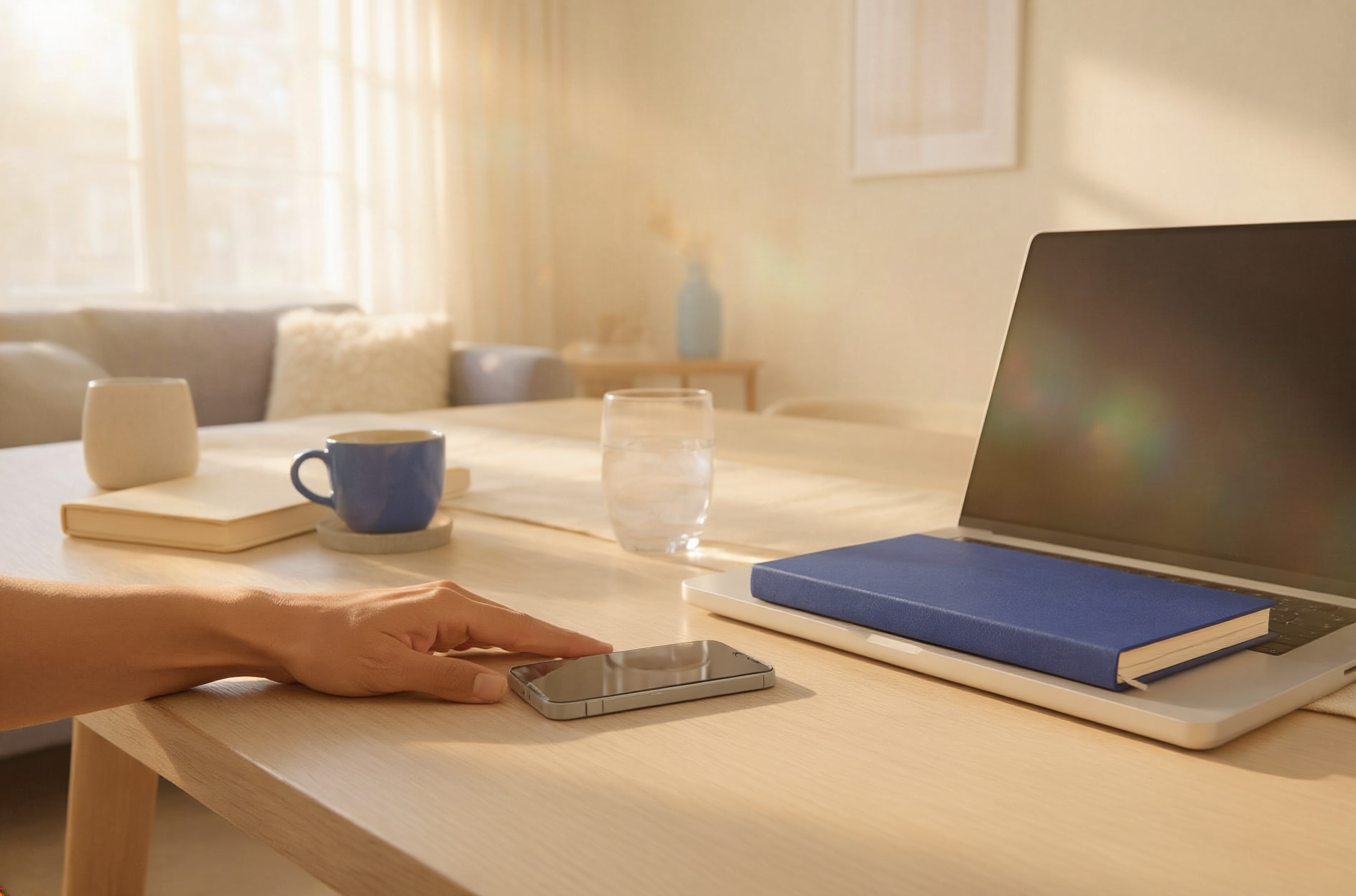 Quiet morning desk with a phone set face-down beside water and a cobalt-blue notebook.