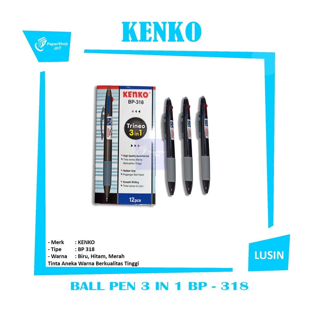 Ball Pen 318 Kenko 3 warna di 1 Pulpen di Jual Per Lusin