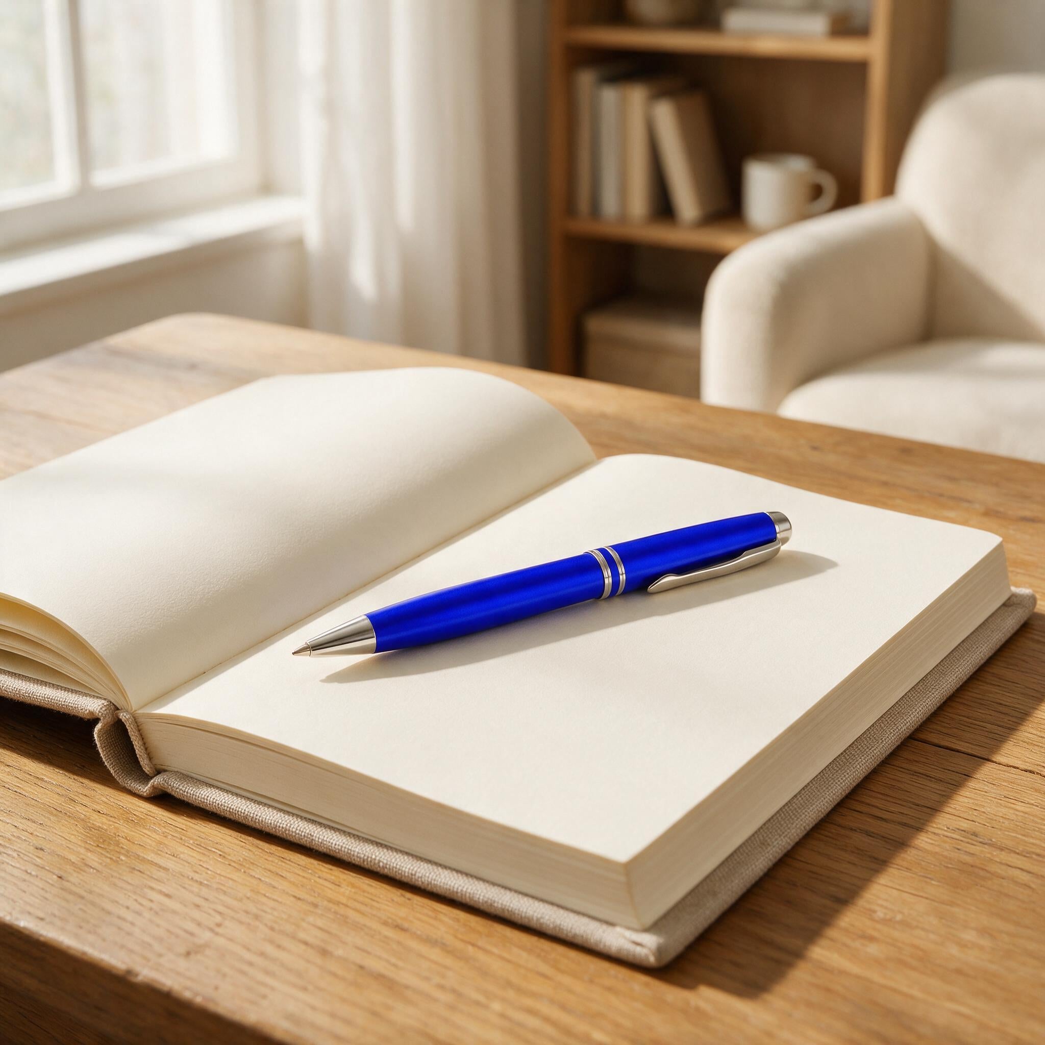 Pulpen biru di atas buku catatan terbuka