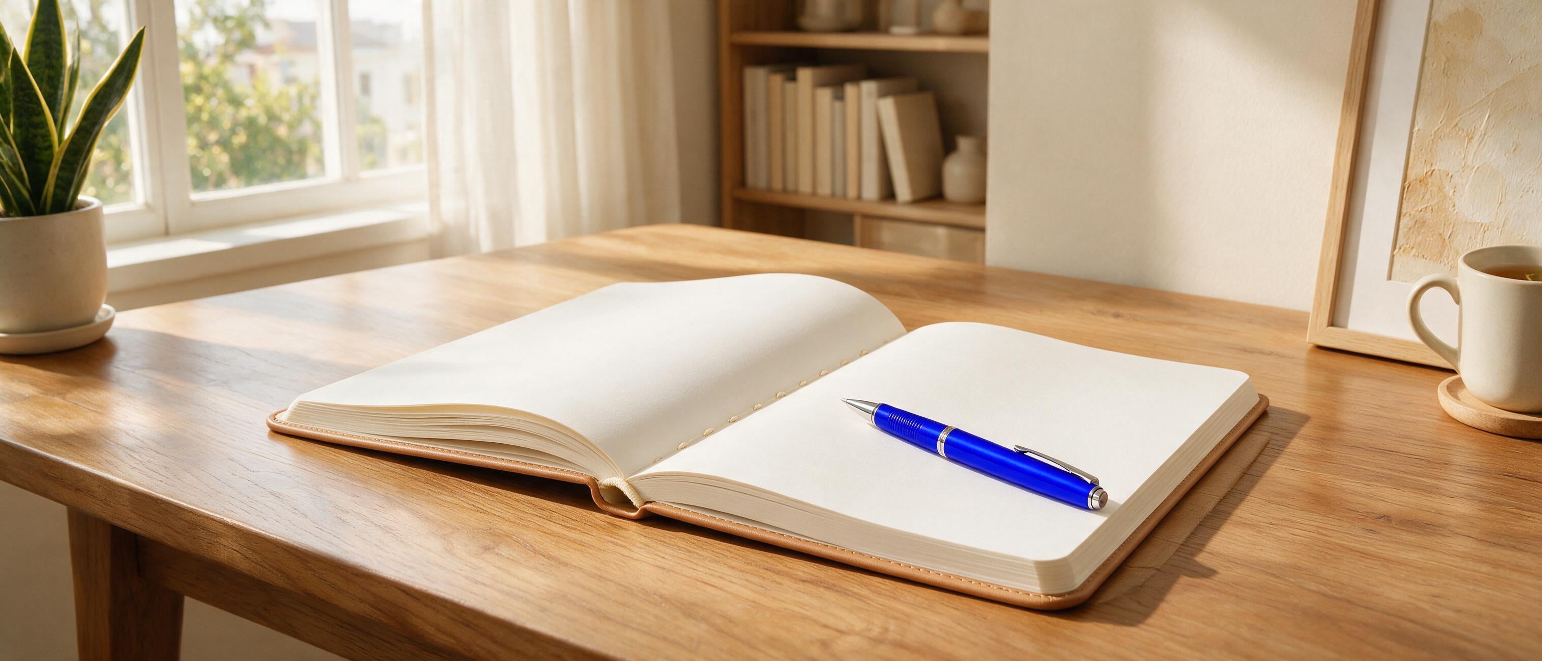 Meja tenang dengan buku catatan dan pulpen
