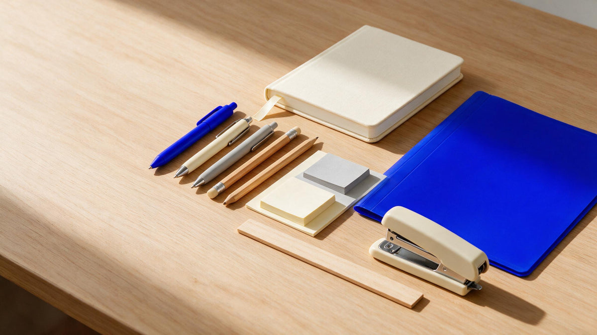 Flat lay foto alat tulis di meja kayu