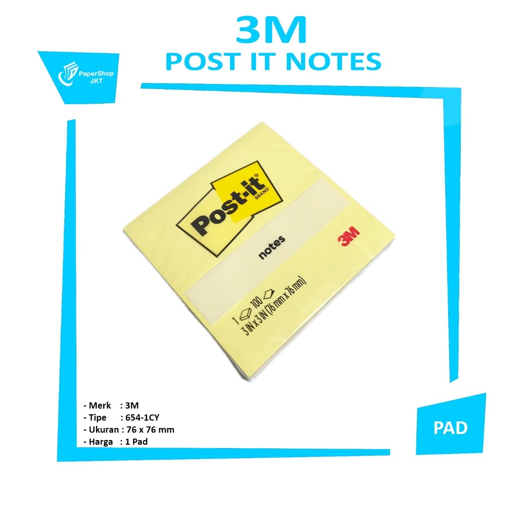 3M - Post It Sticky Notes 654-1CY 76mm x 76mm Yellow - Pad
