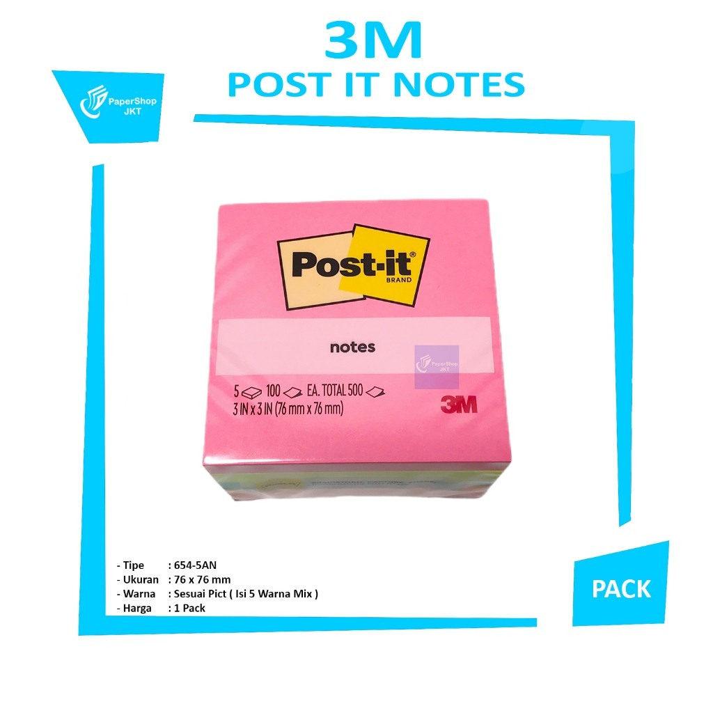 3M - Post It-654-5AN Memo BESAR 5 WARNA - PACK