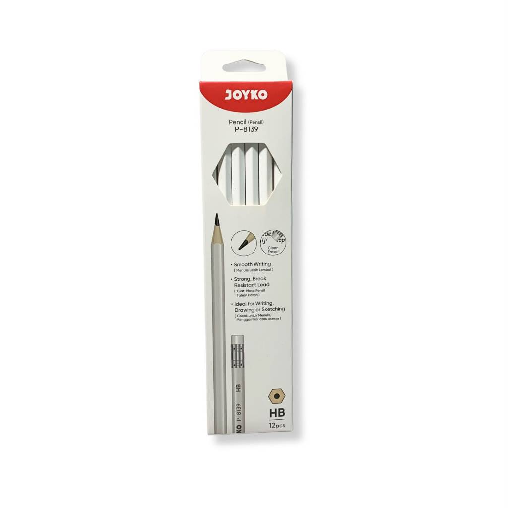 JOYKO - Pensil Tulis HB Cover Putih P-8139 Hexagonal Grip Pencil - LUSIN