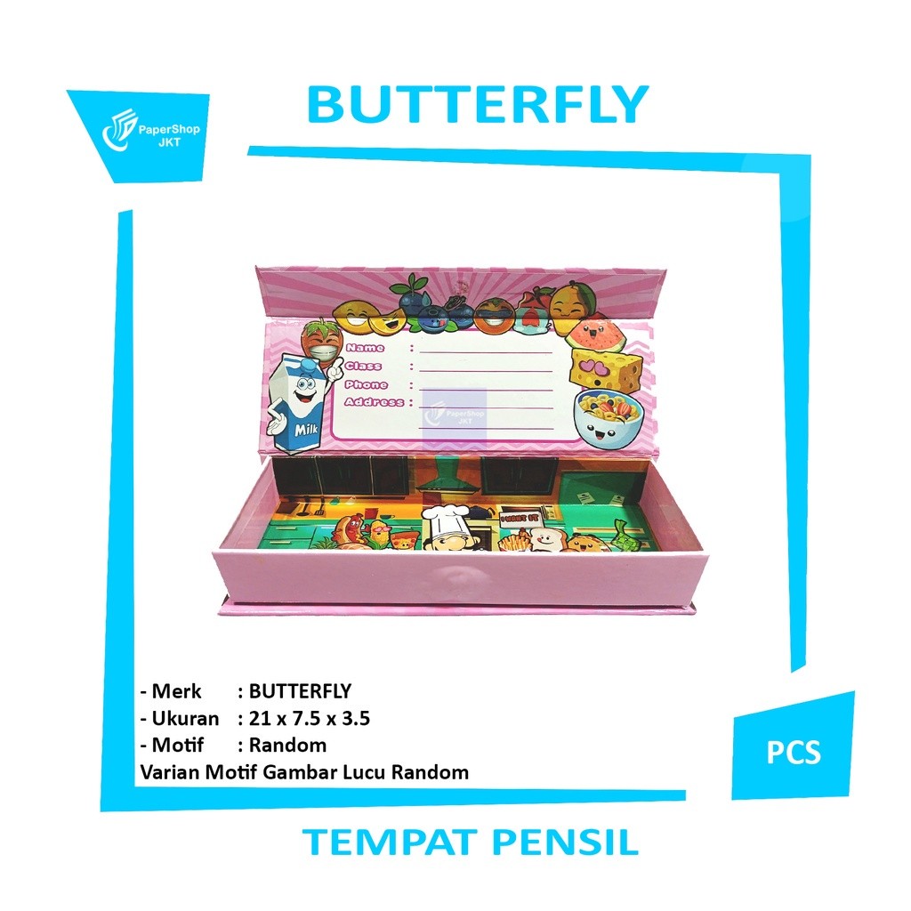 BUTTERFLY - Tempat Pensil Motif Random Gambar Lucu Pen Case - Pcs