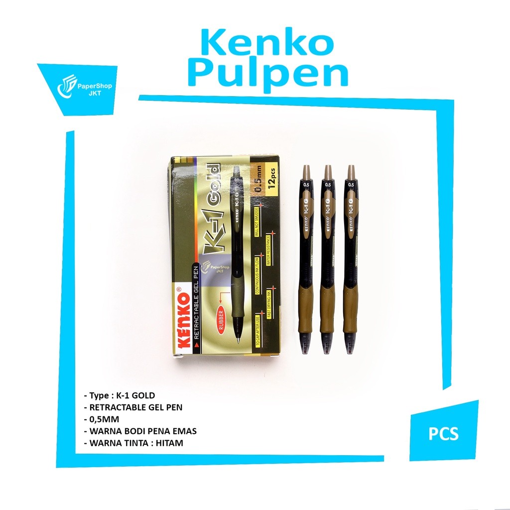 KENKO - Retractable Pen K1 Gold Series 0,5mm Gel Pen Warna Tinta Hitam - Pcs