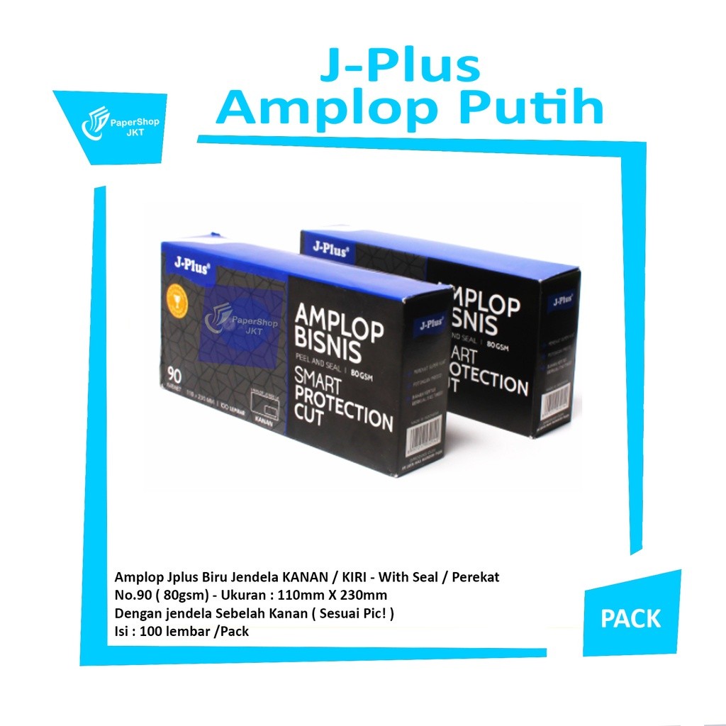JPLUS - biru amplop putih jendela kiri atau kanan no 90 80gsm - PACK