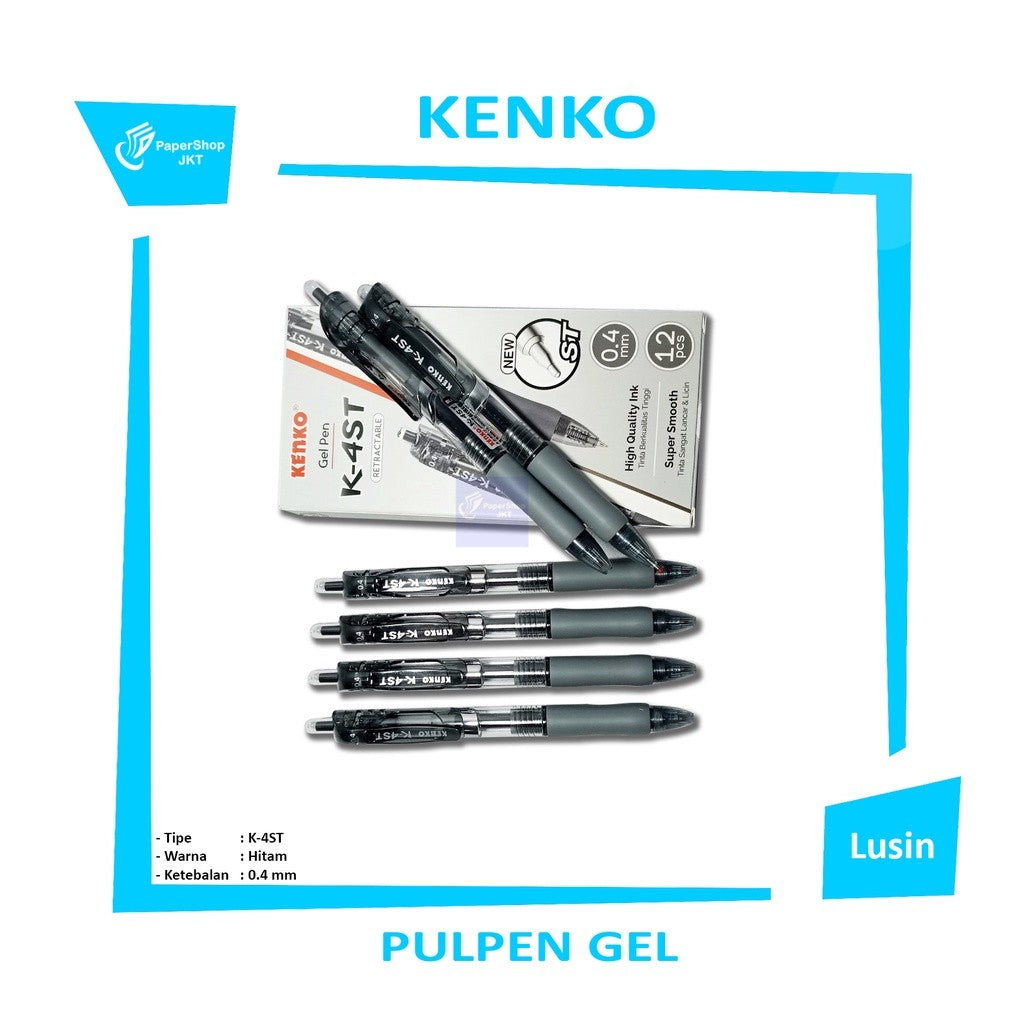 Kenko Gelpen Retractable Pen Gel K-4 ST 0.4 mm Black - Lusin