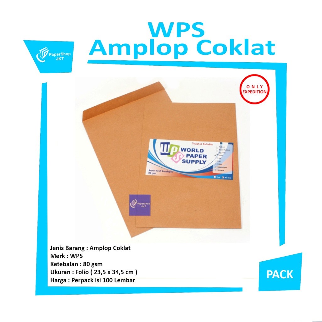 WPS  - Amplop Coklat Polos Ukuran Folio Wps ( 23,5 x 34,5 cm ) No Seal - Pack
