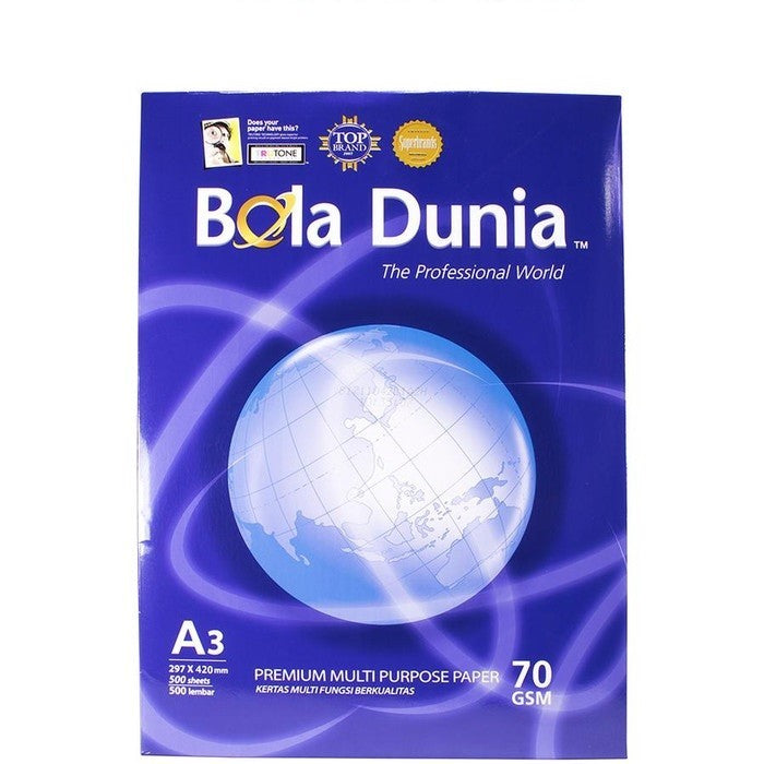 BOLA DUNIA - Kertas HVS A3 70gsm - 80gsm Kertas Fotocopy - Rim