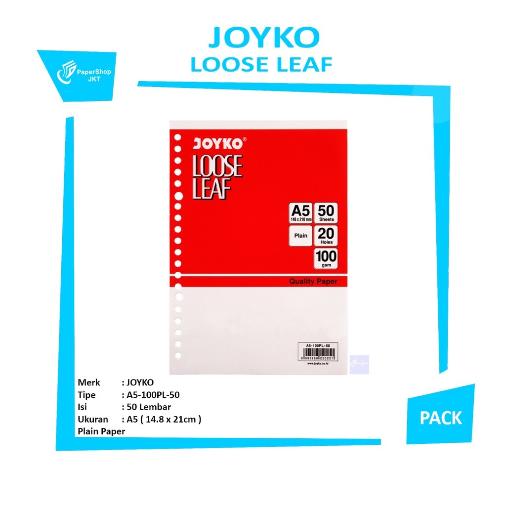 JOYKO - Loose Leaf Isi Kertas File Binder A5 PLAIN - A5 50 Lembar Kertas Polos - Pack