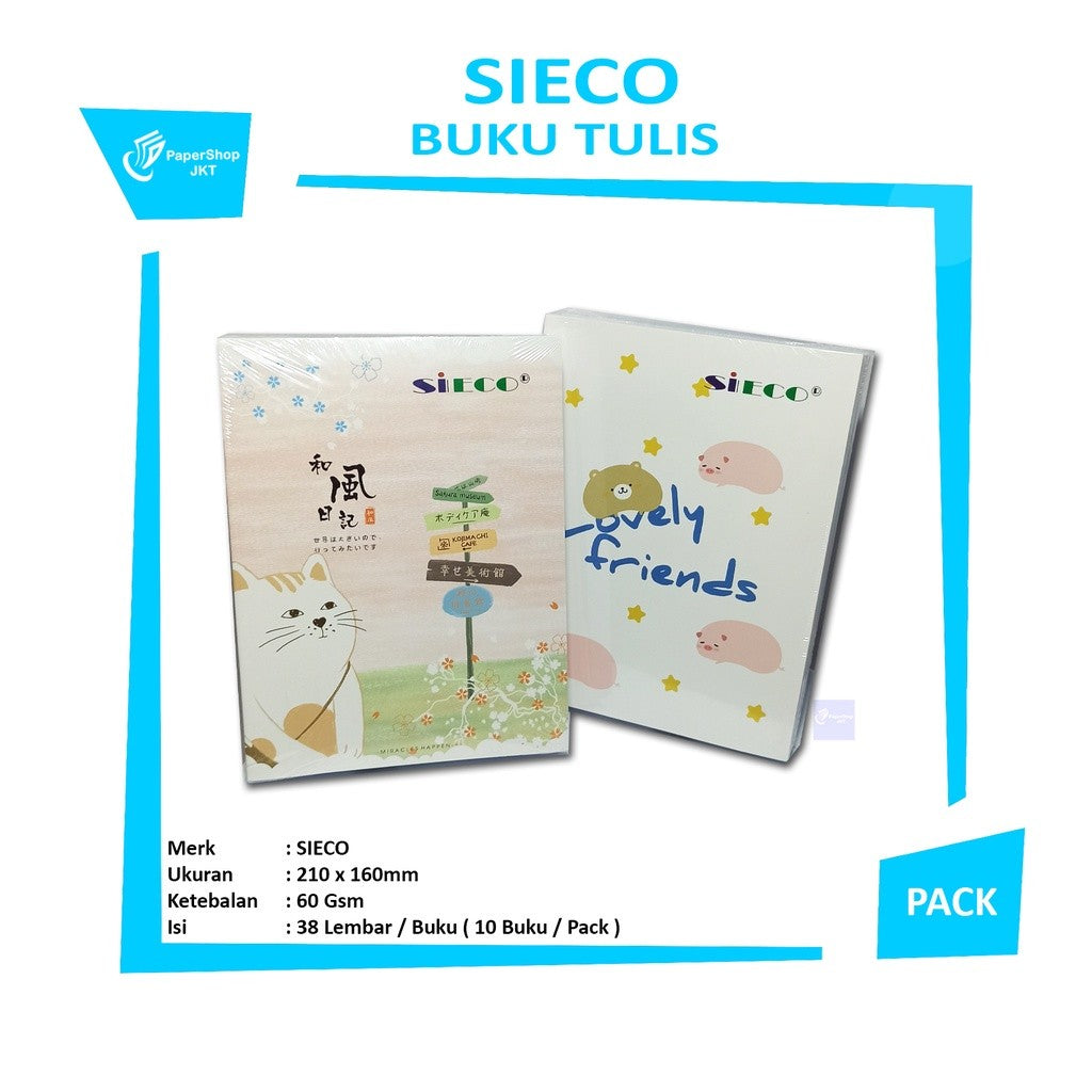 SIECO - Buku Tulis Sekolah Anak Ukuran Kecil Isi 10 Buku/38 Lembar Motif Cute - Pack