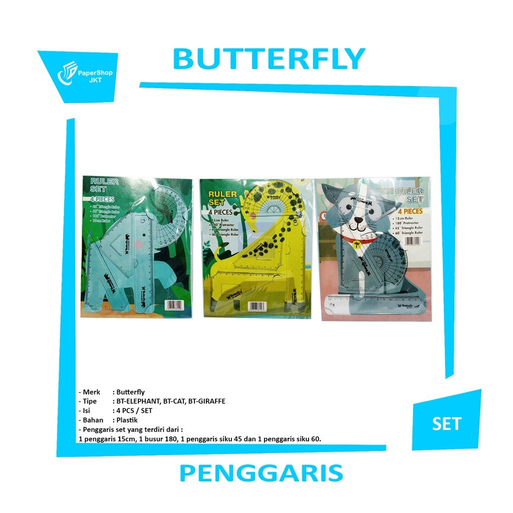 BUTTERFLY - Penggaris Motif Gajah, Kucing, Jerapah 4 In 1 - SET