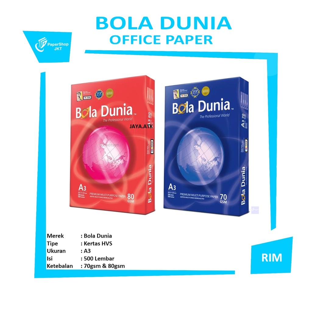 BOLA DUNIA - Kertas HVS A3 70gsm - 80gsm Kertas Fotocopy - Rim
