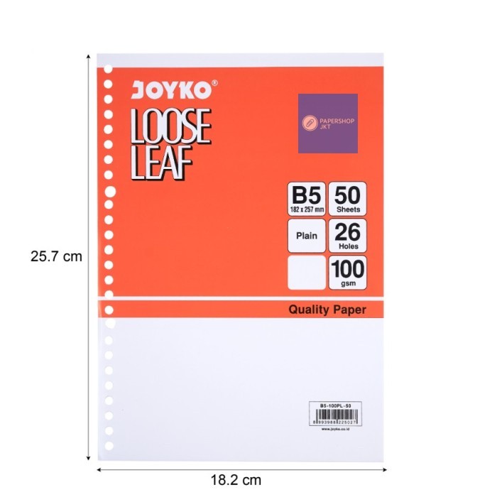 JOYKO - Loose Leaf Isi Kertas File Binder B5 PLAIN - B5 50 Lembar Kertas Polos  - Pack
