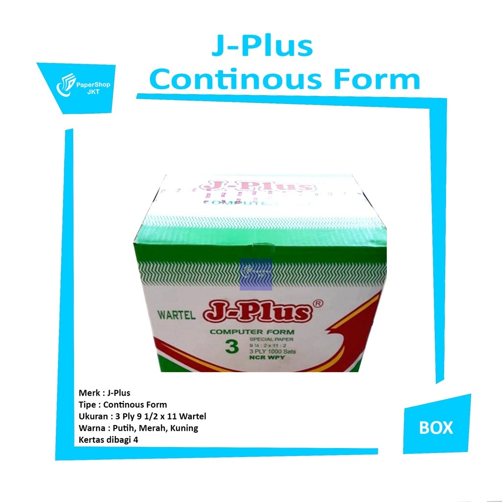 JPLUS - Continous Form 3 Ply 9 1/2 x 11/2 Wartel Kertas Komputer - Box