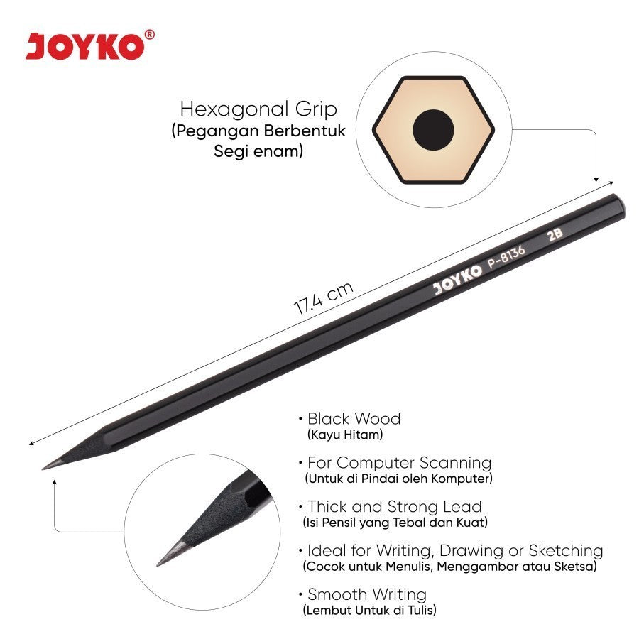 Joyko - Pensil Kayu Hitam 2B P-8136 - Lusin